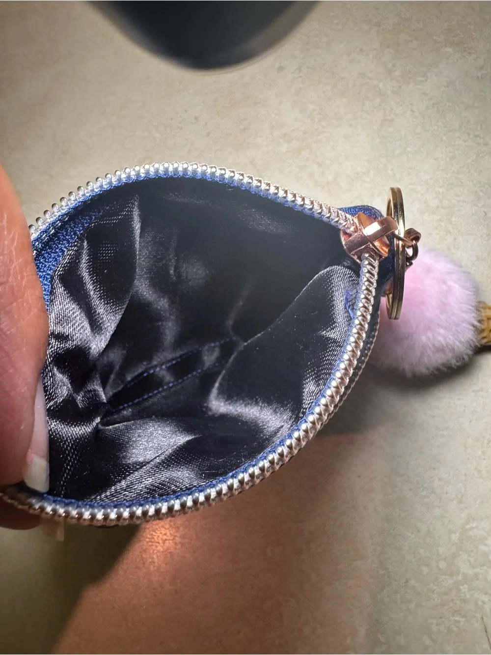 Dior Cosmetics Navy and Pink Zip Pouch Keychain with Pom Pom Ice Cream Charm